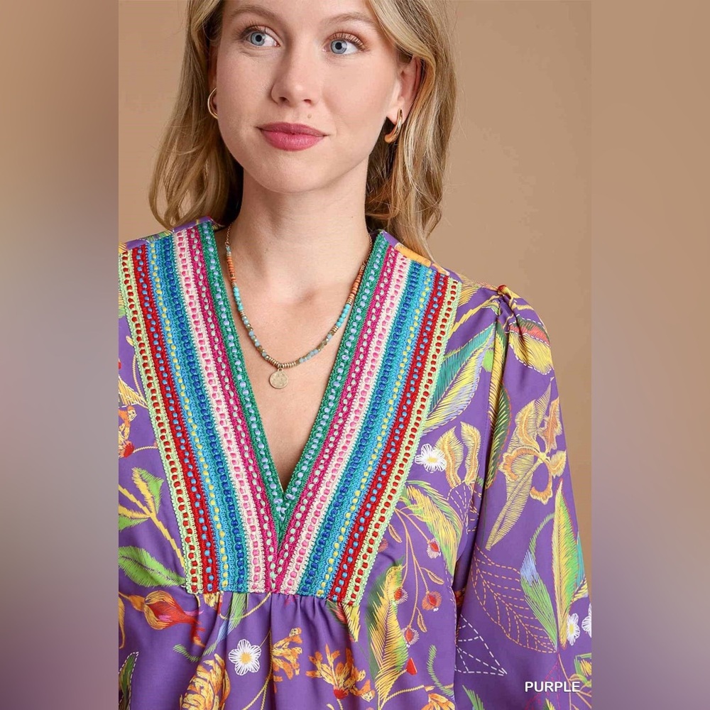 NWT Women’s Purple Embroidered V-Neck Top